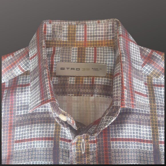 ETRO 39 SZ M Lightweight Cotton Men's Button Up Shirt, Red, Gold, Tan & Navy - Picture 3 of 15